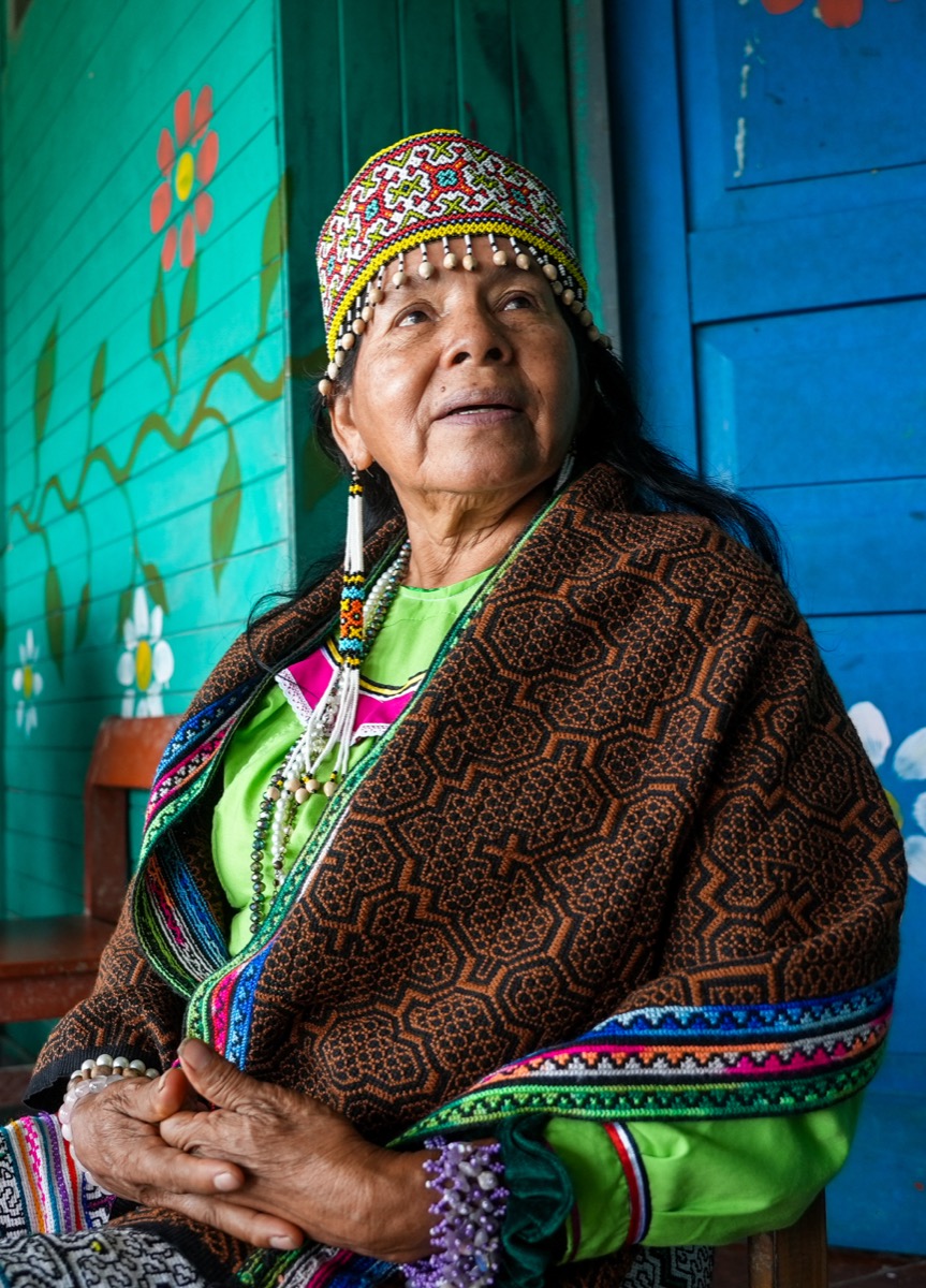 Olga Morí Diaz, Shipibo-Konibo master artisan and healer, in traditional dress and beaded headdress, Pucallpa, Peru