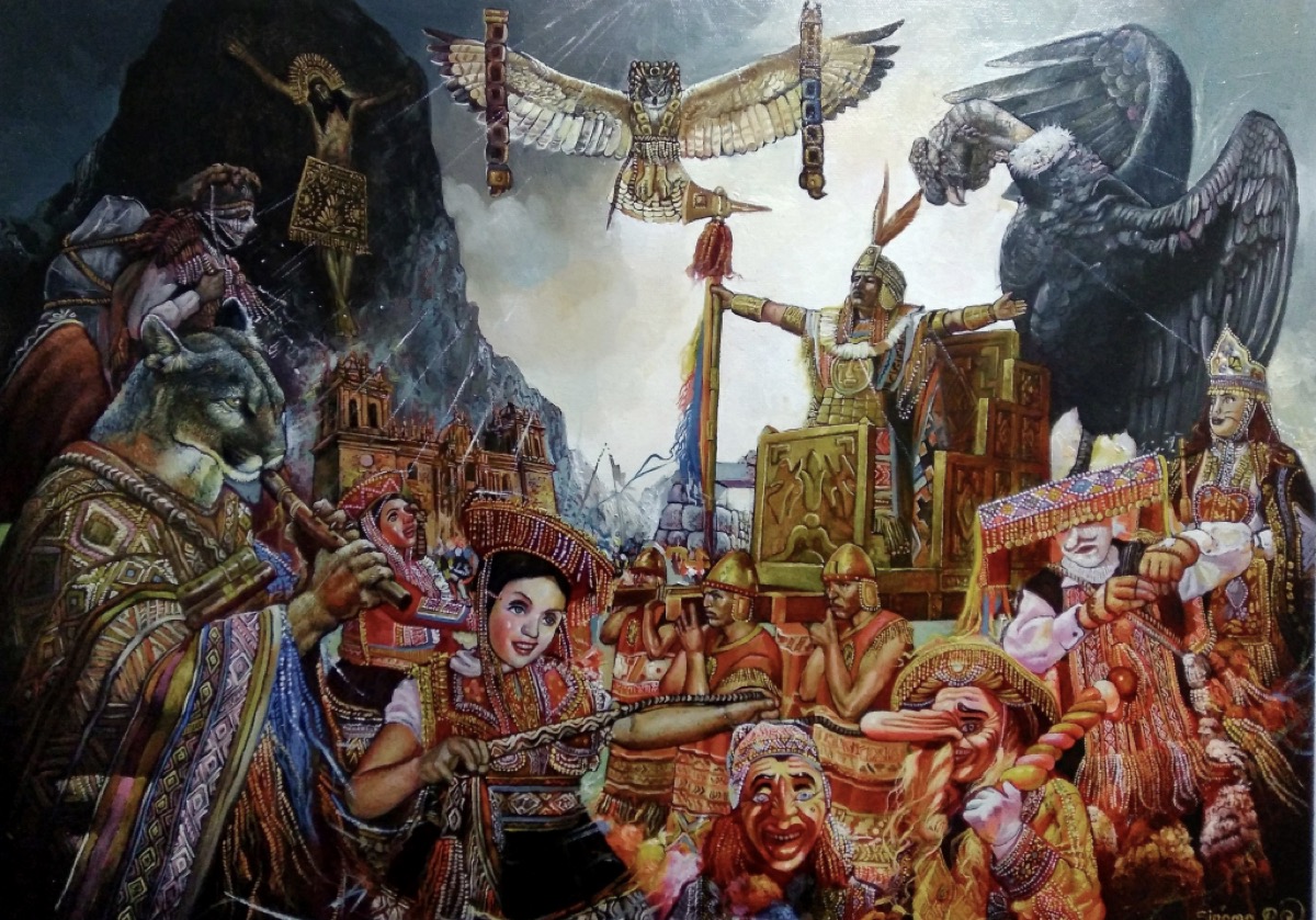 Robert Singona Pumacahua large-scale painting depicting an Andean ceremonial scene with figures, condor, and rich cultural imagery, Chinchero, Peru