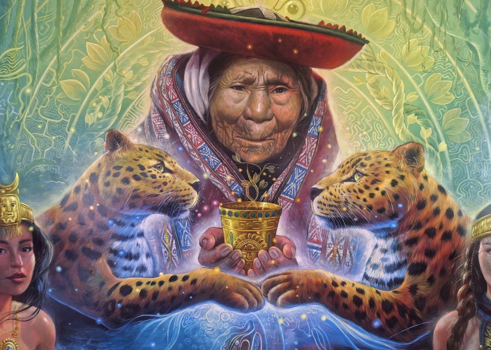 Robert Singona Pumacahua painting depicting an elder Andean woman holding a golden cup flanked by two jaguars, with Andean mystical imagery