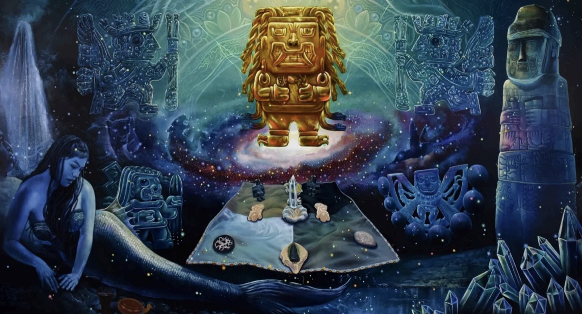 Robert Singona Pumacahua painting depicting a golden Andean deity surrounded by cosmic imagery, ancient stone monoliths, and a mermaid figure in deep blue tones
